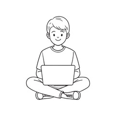 Boy sitting with laptop One line continuous line art vector illustration on white background