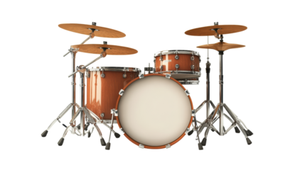 Orange drum set with five drums and four cymbals, isolated on a black background. The drums are shiny and reflective, giving the impression of high quality. 