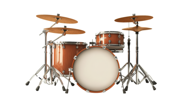 Orange drum set with five drums and four cymbals, isolated on a black background. The drums are shiny and reflective, giving the impression of high quality. 