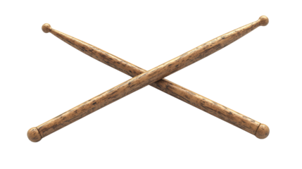 Two brown wooden drumsticks crossed, isolated on a black background
