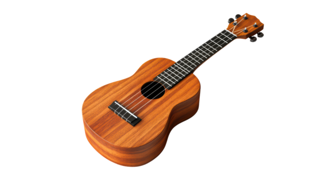 A beautifully crafted wooden ukulele, its strings promising melodies and joyful strums. Isolated on black, this image captures the essence of music and the allure of this charming instrument. 
