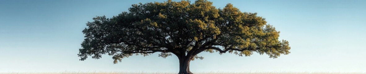 Fototapeta premium A lone oak tree, strong trunk, widespread branches, minimalistic style, isolated on white background