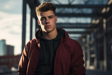 Fototapeta premium Young male model, streetwear fashion, urban city background, harsh shadows, high-contrast lighting, dynamic composition, wide-angle lens, casual confident expression, muted tones, sharp focus on clot