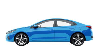 A sleek blue sedan car, viewed from the side, stands out against a neutral background, showcasing its modern design and sporty features. Its polished exterior reflects confidence and style. 