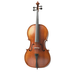 Fototapeta premium A beautifully crafted cello, its rich, brown wood gleaming under the light, stands ready to fill the silence with its sonorous voice. Its elegant curves and polished surface speak of craftsmanship and