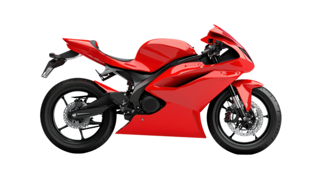 A sleek red motorcycle, embodying speed and power, stands ready for the open road, promising an exhilarating ride. 