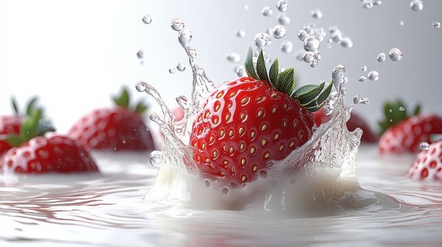 A strawberry falling into milk, dramatic splash, vivid red contrast, creamy white background, isolated on white background