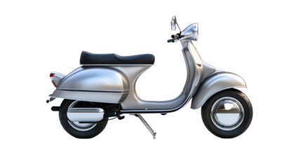 A classic silver scooter, gleaming under the sun, evokes a sense of freedom and adventure, promising a stylish ride. 