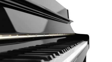 A black grand piano gleams, its polished surface reflecting light, hinting at the beautiful music it holds, ready to be played. 