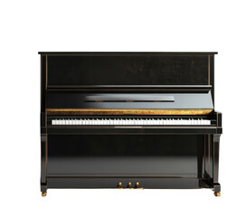 A majestic black piano, gleaming under a spotlight, stands ready to fill the room with music. Its polished black surface reflects the light, highlighting its elegant curves. 