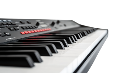 A sleek, modern digital piano keyboard, isolated on a black background, awaits the touch of a musician. Its black and white keys promise a world of musical creativity. 