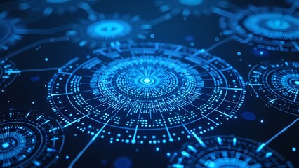 Obraz premium Neon Blue Circular Patterns with Scattered Particles