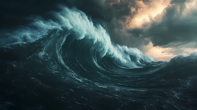 Apocalyptic dramatic background, giant tsunami waves, dark stormy sky, tornado. huge waves tsunami big waves. 3d render. Stormy Sea. Illustration