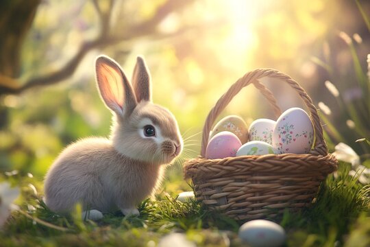 Two adorable rabbits sit next to a basket filled with colorful eggs in a sunny meadow during springtime easter