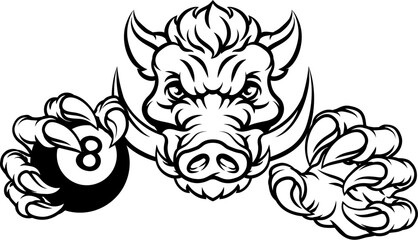 A wild boar, hog razorback warthog pig mean tough cartoon sports mascot holding a pool black eight ball