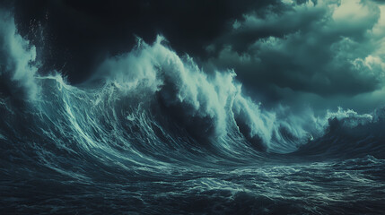 Apocalyptic dramatic background, giant tsunami waves, dark stormy sky, tornado. huge waves tsunami big waves. 3d render. Stormy Sea. Illustration