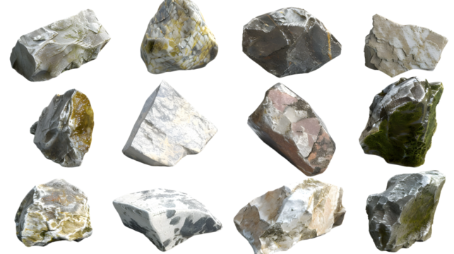 Array of Cutout Natural Stones in Various Shapes - 3D Render PNG for Graphic Designs and Art Projects