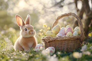 Two adorable rabbits sit next to a basket filled with colorful eggs in a sunny meadow during springtime easter