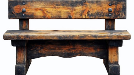 A rustic wooden bench, distressed finish, solid wood construction, farmhouse style, isolated on white background