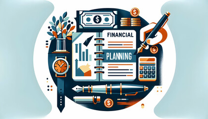 Flat Abstract Checkbook and Fountain Pen Illustration with 'Financial Planning' Text - Emphasizing Structured Financial Strategies in a Simple Vector Design