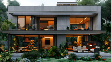 Modern Concrete House with Patio and Garden 3D Illustration