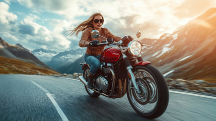 Naklejka premium A female motorcyclist is riding on a curving road during sunset, capturing the thrill and freedom of the open road.