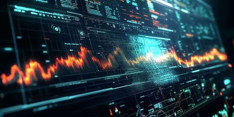 Obraz premium Digital display with flashing graphs and data.