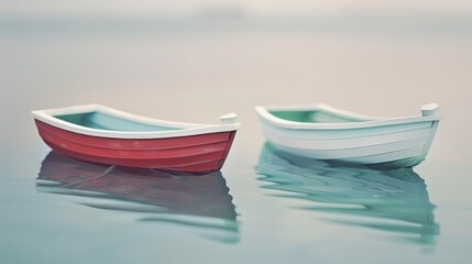 Naklejka premium Two colorful, miniature toy boats float serenely in the calm water, evoking a sense of peace and simplicity against a soft, blurred background.