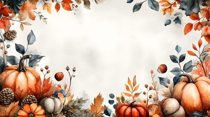 Obraz premium Autumn watercolor frame featuring hand-painted leaves, acorns, and pumpkins, perfect for fall-themed designs.
