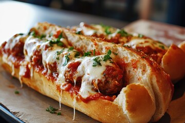 A meatball sub topped with marinara sauce and melted mozzarella, served on a crusty baguette