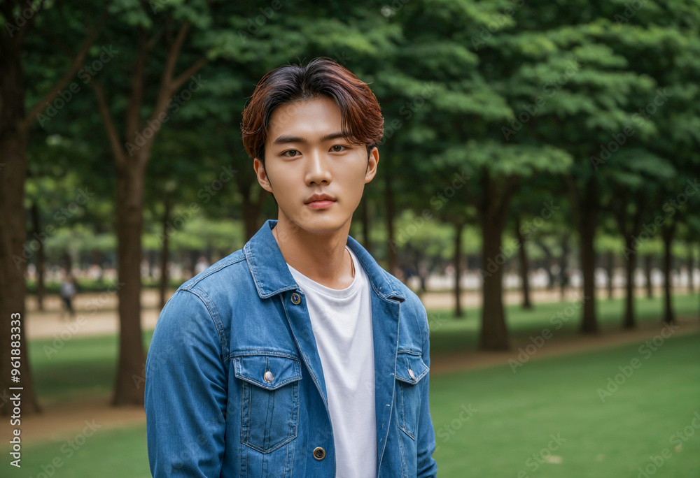 Wall mural portrait photo of handsome male model, with city park background