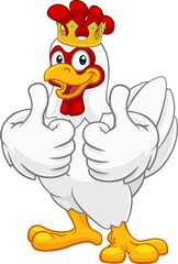 A chicken rooster cockerel bird cartoon character in a kings gold crown giving a double thumbs up
