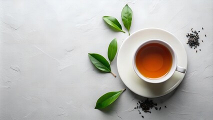 Minimalist scene with a white cup of black tea on a saucer, surrounded by loose tea leaves, on a light and airy background with empty space 