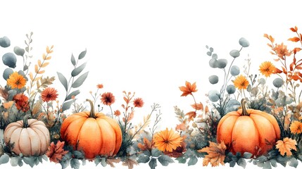 Autumn watercolor frame with hand-painted pumpkins and leaves in warm colors, perfect for creating seasonal invitations or decorations.