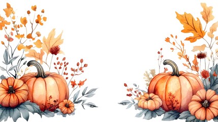 Autumn watercolor frame with hand-painted pumpkins and leaves in warm colors, perfect for creating seasonal invitations or decorations.