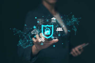 Cyber ​​security protection concept, personal data protection and financial transaction protection. Security lock technology protects personal information on smartphones..