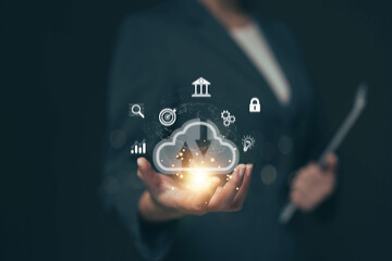 Hand holding virtual Global Internet connection metaverse. Business global internet connection application technology and digital marketing, Financial and banking, Digital link tech, big data..