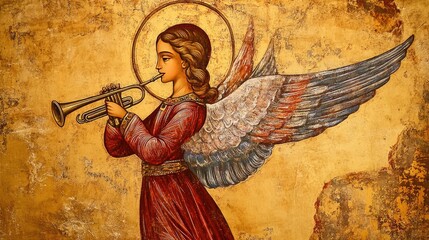 Obraz premium An angel with a trumpet icon, symbolizing the annunciation and divine messages.