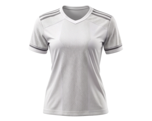White V-neck sports T-shirt with shoulder stripes isolated on transparent background