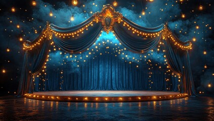 Stage with Blue Curtains and Golden Lights
