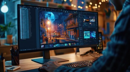 Video editor editing photos and videos on his computer at night in his office