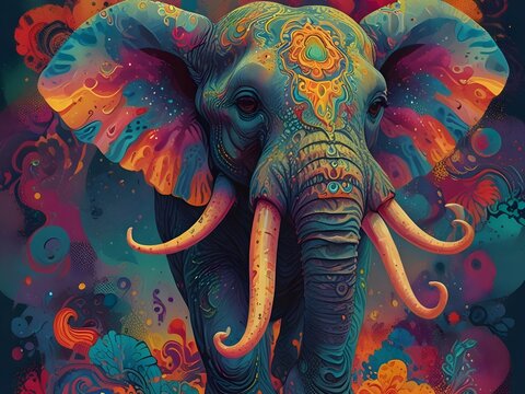 Surreal Painted Decorated Four Tusked Elephant