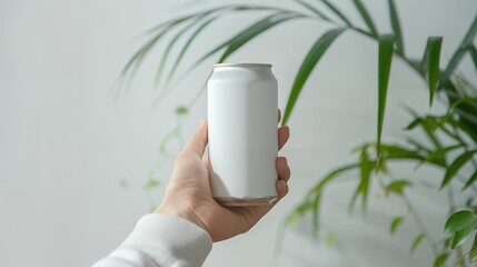 Person's hand holding white aluminum can bottle mockup with blurred nature background