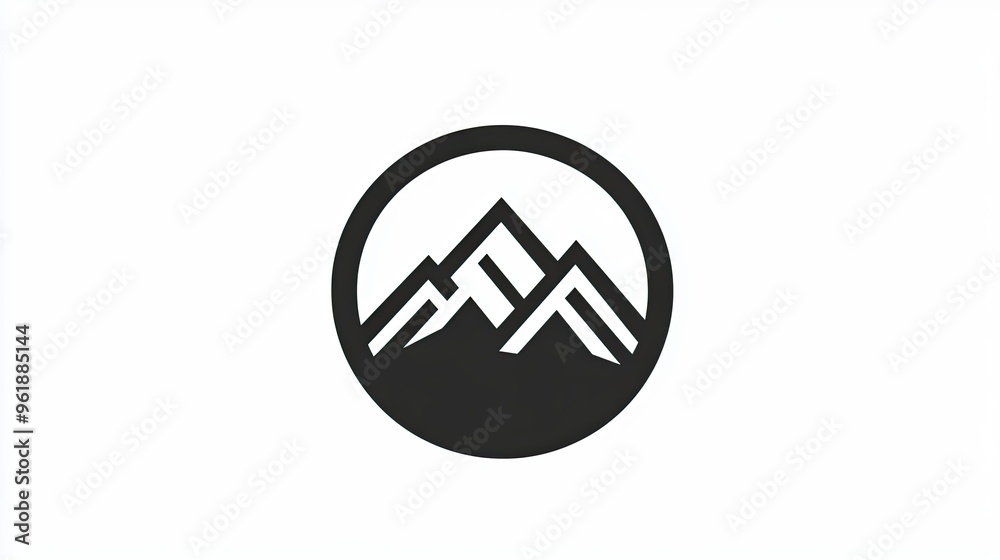 Fototapete Circular mountain icon with a simple, geometric design. The icon is framed by a thin line, creating a modern and sleek look suitable for logos or app icons.