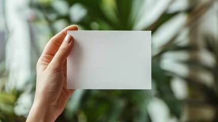 Close-up of young woman holding a white empty paper mockup with copy space.