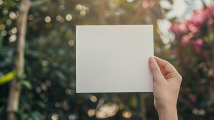 Obraz premium Close-up of young woman holding a white empty paper mockup with copy space.
