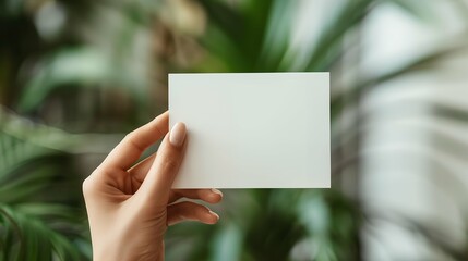 Close-up of young woman holding a white empty paper mockup with copy space.
