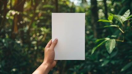 Close-up of young woman holding a white empty paper mockup with copy space.
