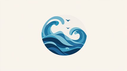 Obraz premium Flat design sea icon with a stylized wave pattern, using a monochromatic blue color scheme. The icon is centered on a light background, perfect for digital media.