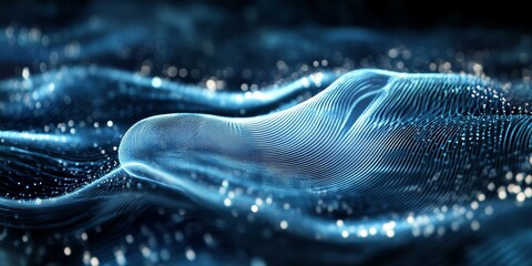 Abstract blue wave with bokeh lights.